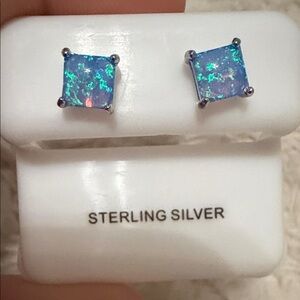 Sterling Silver Blue Opal Stud Earrings